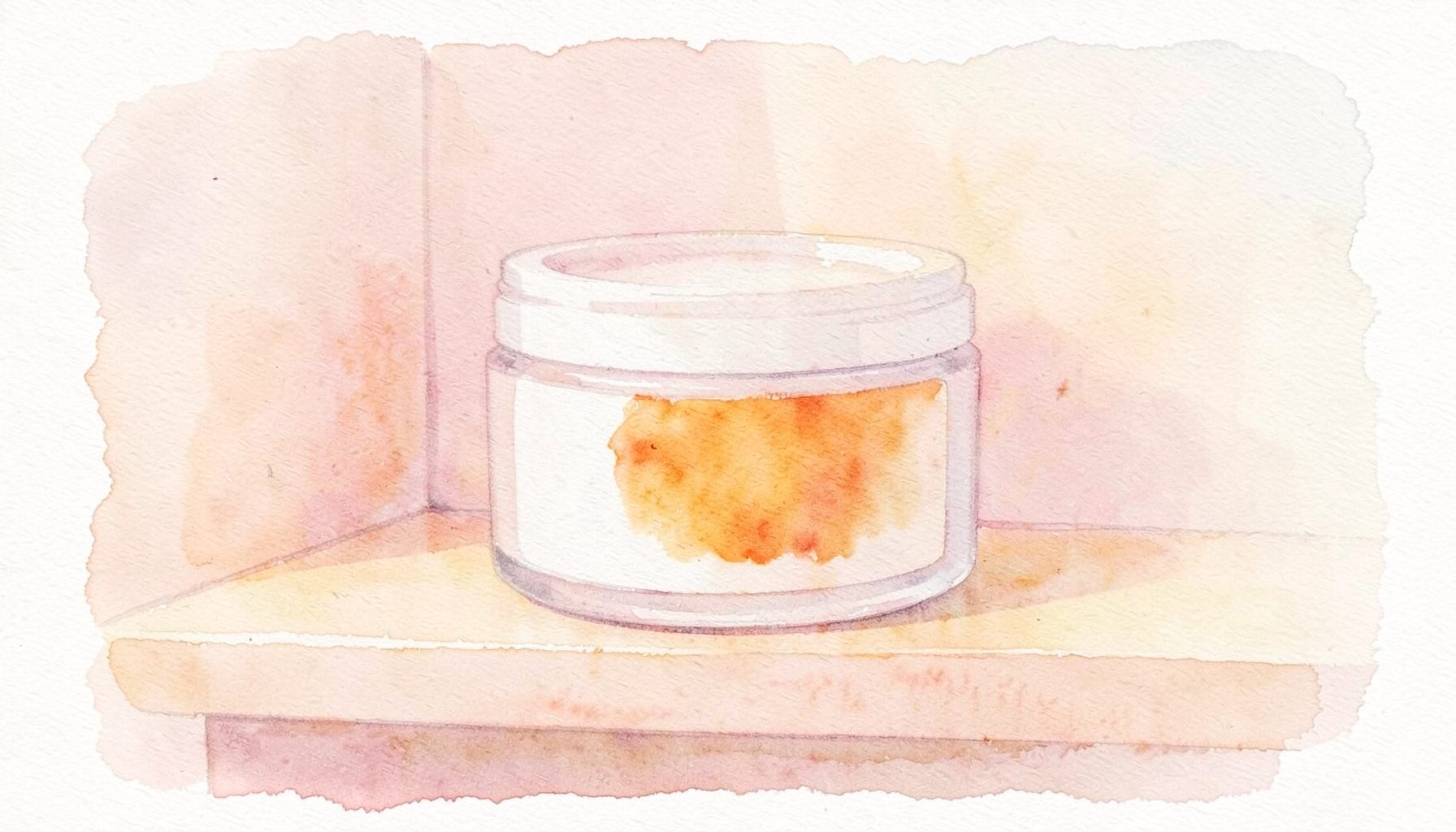 Soft watercolour painting of a white jar of facial pads on a bathroom shelf, pale pink and cream tones, calm morning light