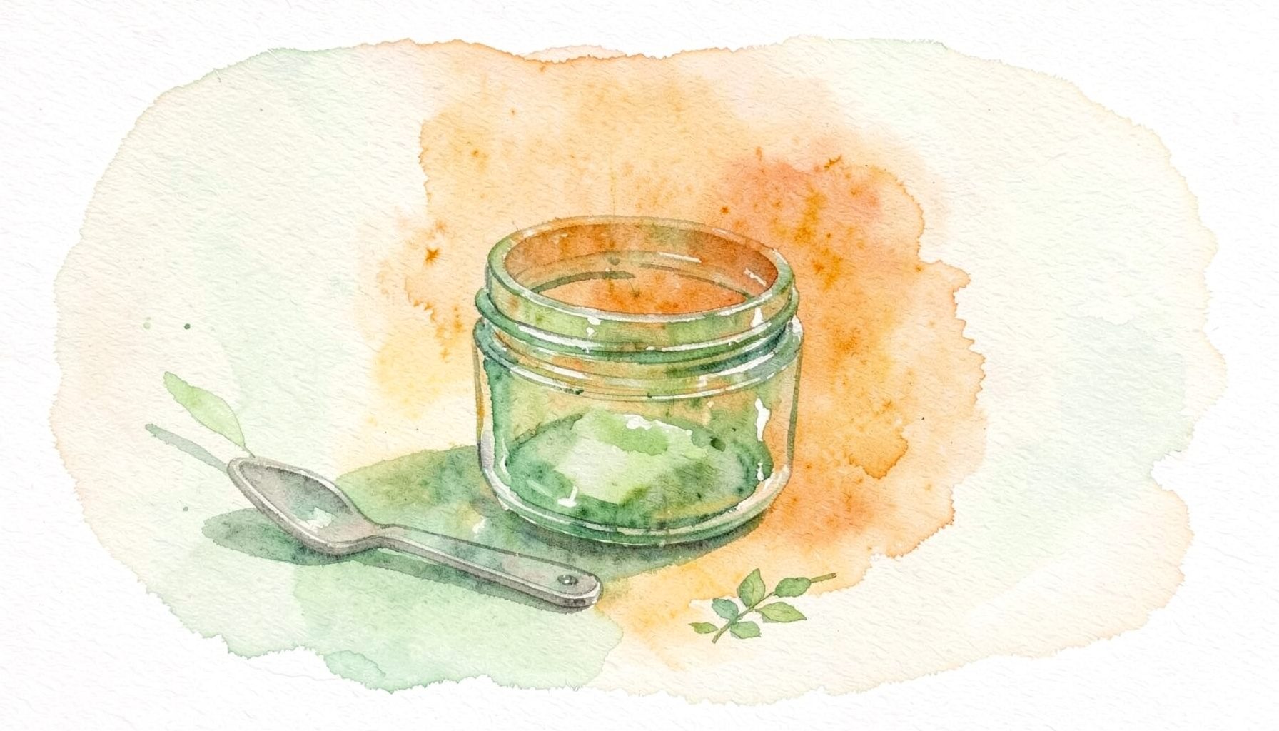 Soft watercolour painting of a green glass jar of face mask beside a small spatula, botanical green and cream tones, spa-like serenity