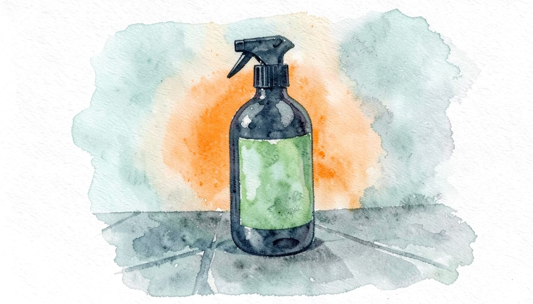 Soft watercolour painting of a dark spray bottle with a green label on a tiled surface, muted teal and charcoal tones, fresh and clean mood