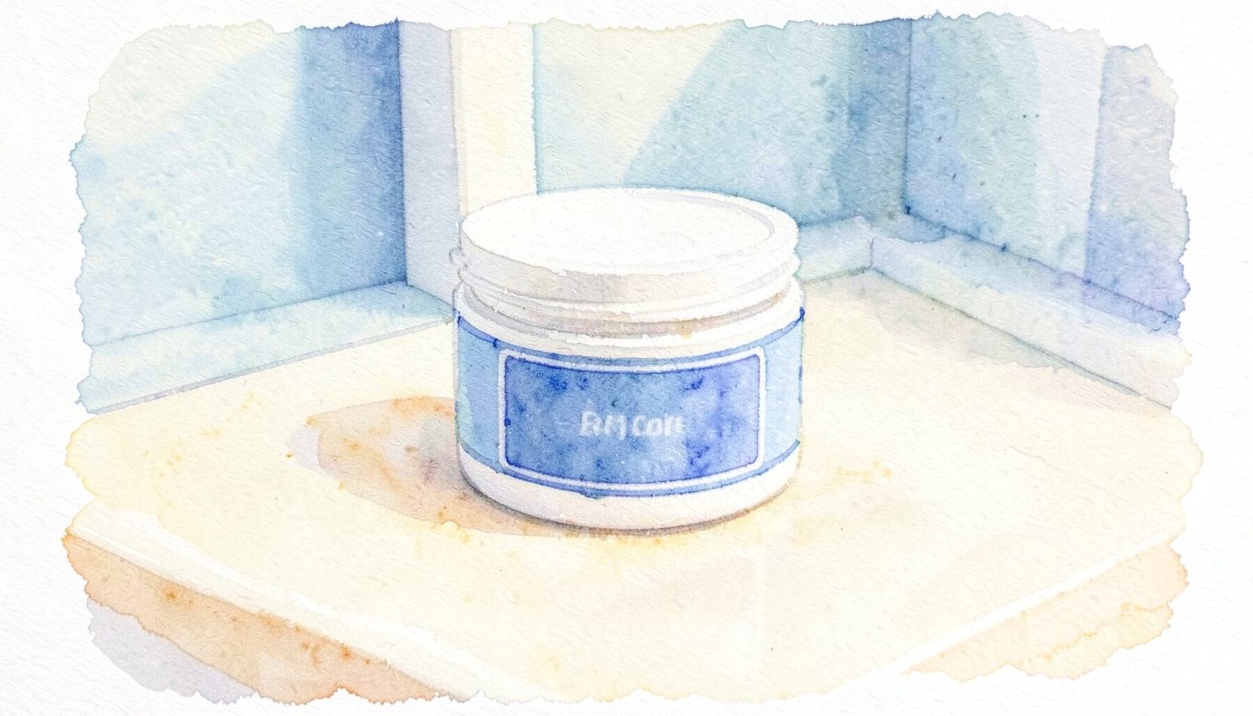 Soft watercolour painting of a small white jar of clay mask with a blue label, pale blue and ivory tones, simple bathroom counter setting