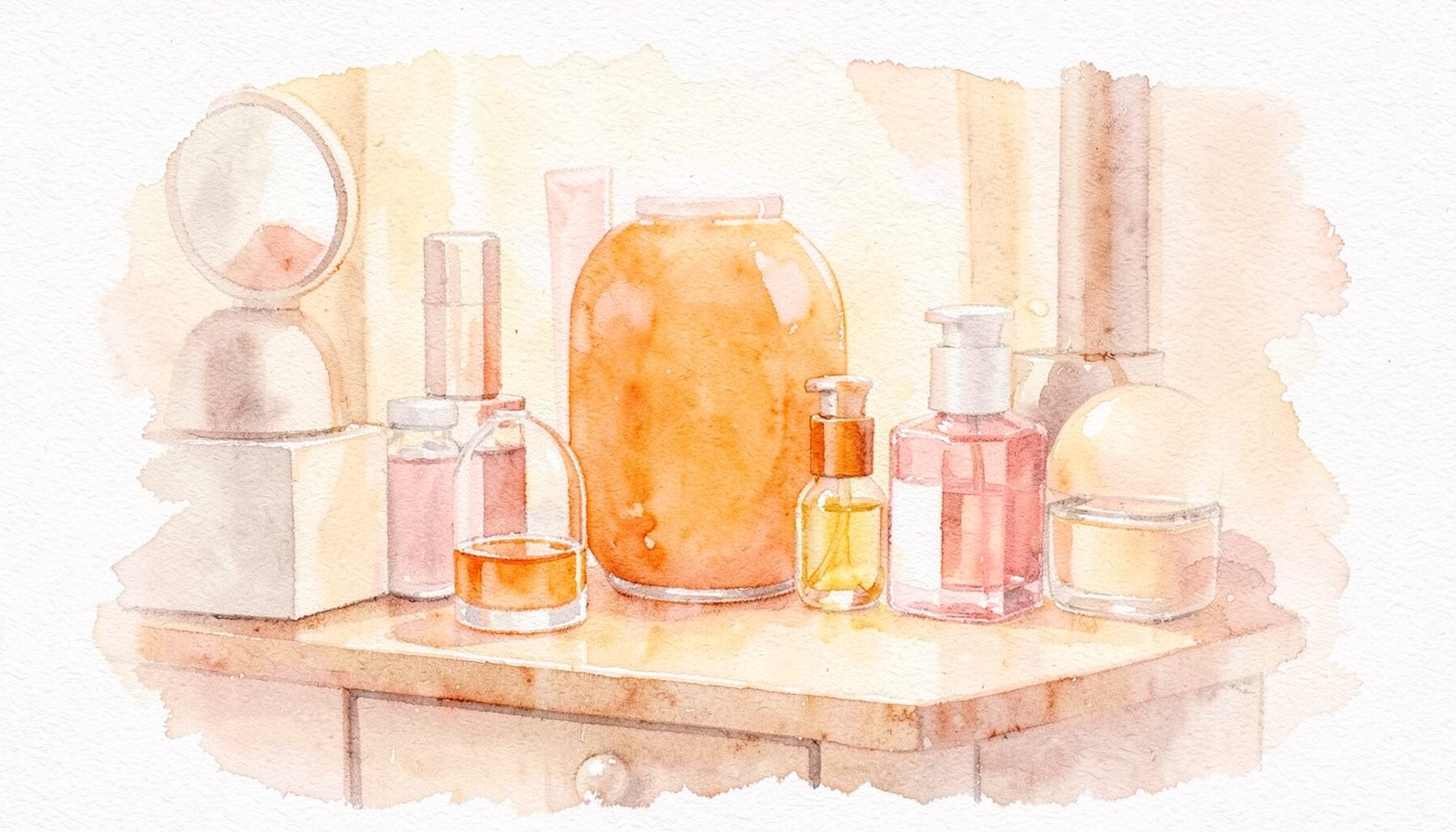 Soft watercolour of beauty products on a vanity, warm cream and blush tones