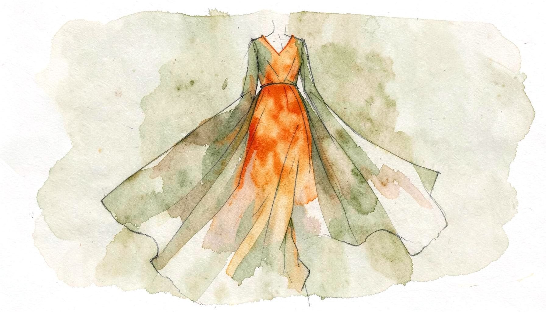 Soft watercolour of a fashion sketch with flowing fabric, muted olive and beige tones