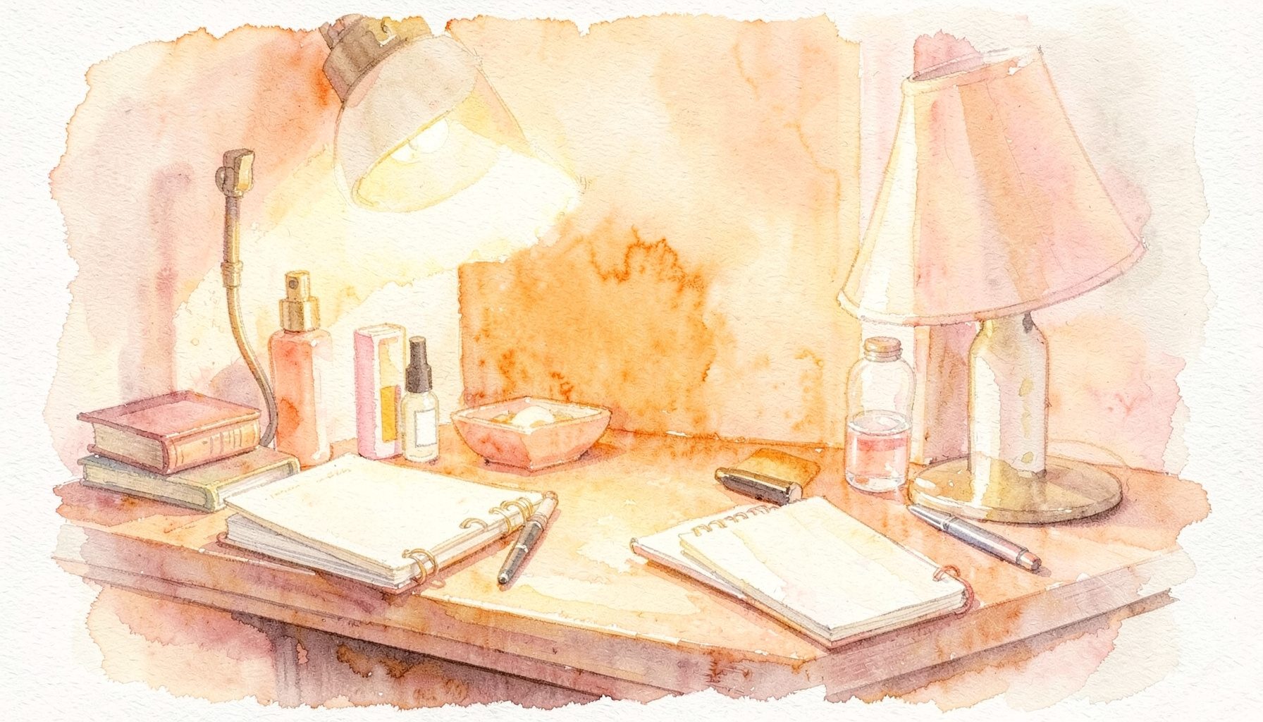 Soft watercolour painting of a cozy desk with beauty products, notebooks, and warm lamplight, cream and rose tones
